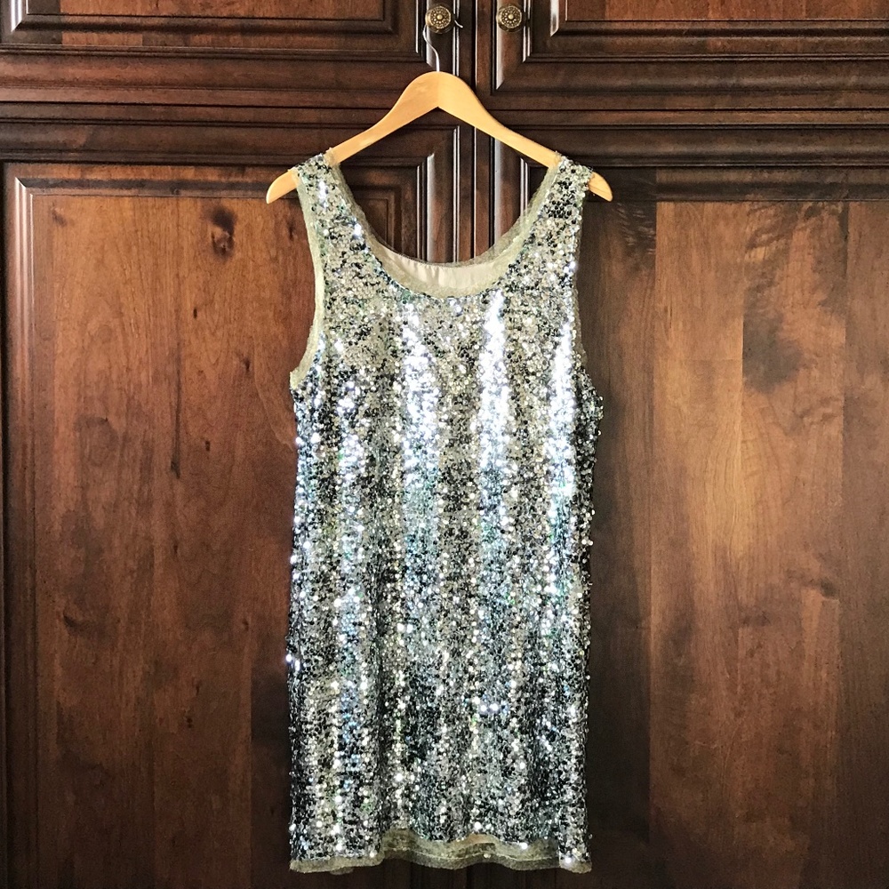 J. Crew  Sequin  Silk Holiday Dress Silver Green Yellow and Grey